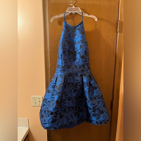 Sherri Hill 53070 Halter Neck Brocade Dress in Blue - Picture 3 of 11